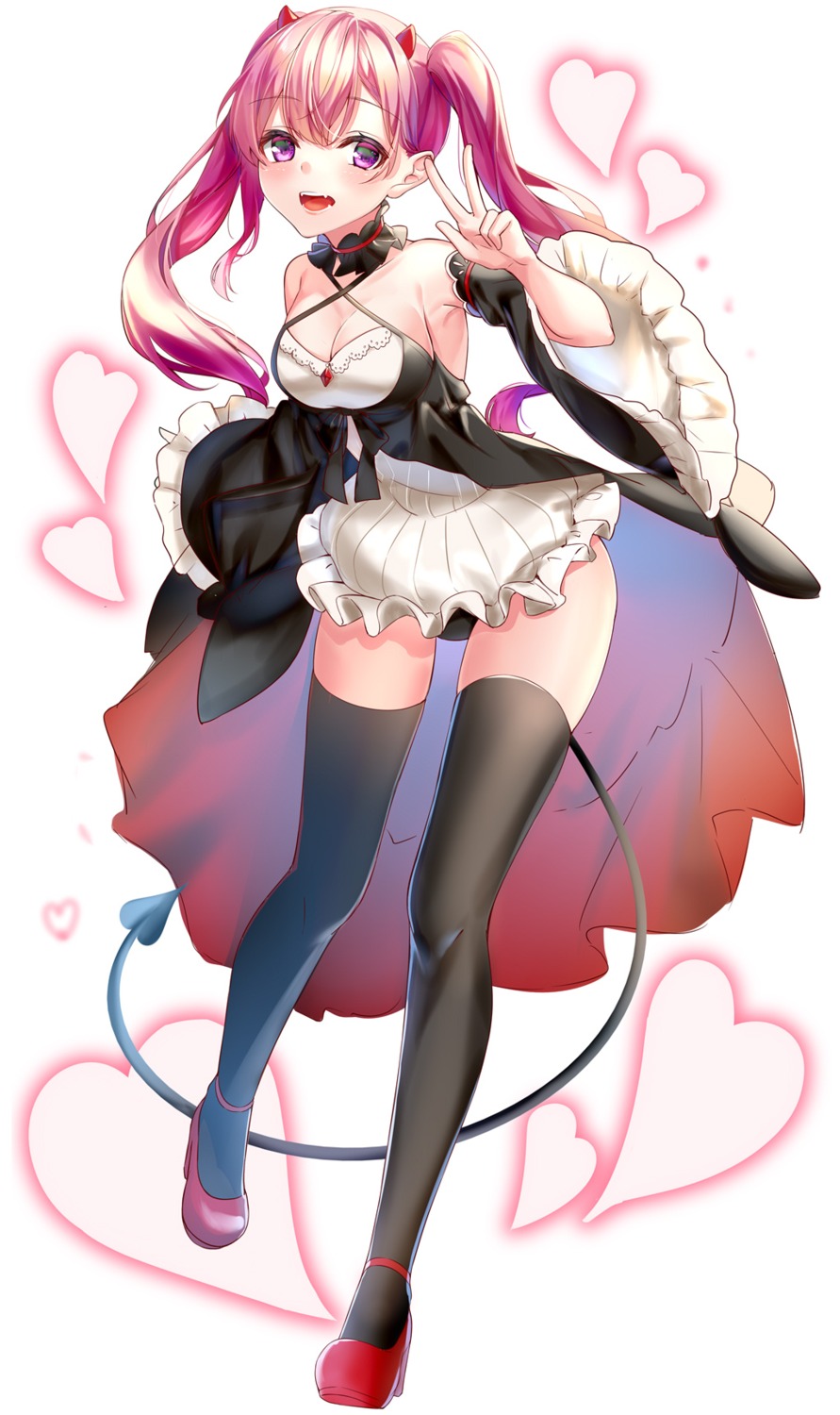 cleavage devil heels horns no_bra pantsu rukinya_(nyanko_mogumogu) skirt_lift tail thighhighs