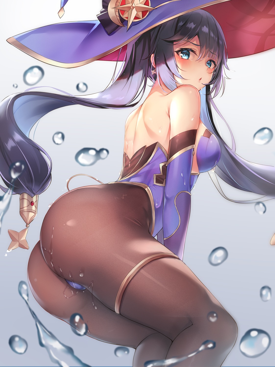 ass eric_(tianqijiang) garter genshin_impact leotard mona_megistus no_bra pantyhose wet witch