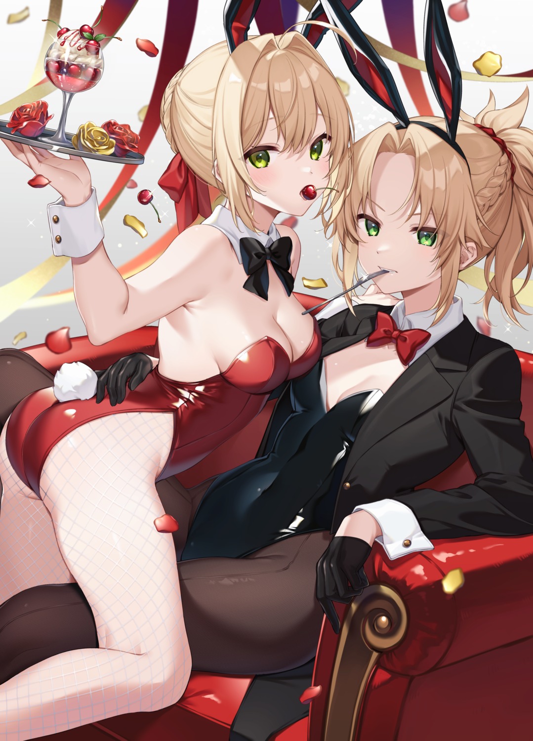 animal_ears ass bunny_ears bunny_girl citron_82 fate/grand_order fishnets mordred_(fate) nero_claudius_(fate) no_bra pantyhose tail yuri