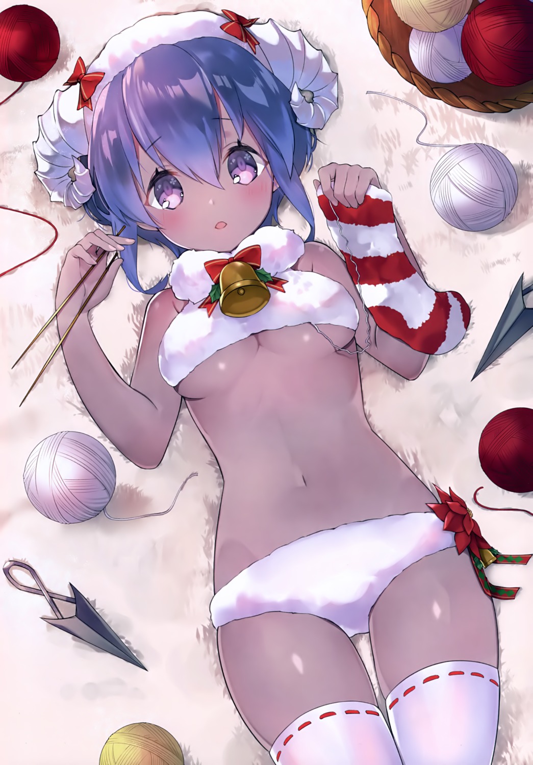 bra christmas fate/grand_order hassan_of_serenity_(fate) horns pantsu suzuho_hotaru thighhighs underboob