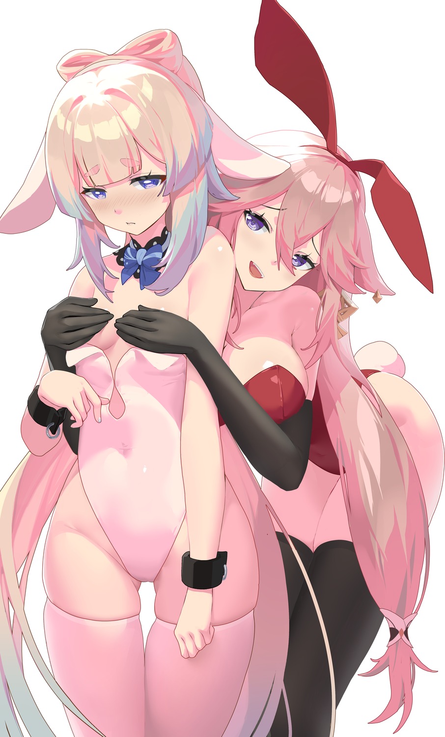 animal_ears breast_hold bunny_ears bunny_girl genshin_impact haku89 kitsune no_bra sangonomiya_kokomi tail thighhighs yae_miko yuri