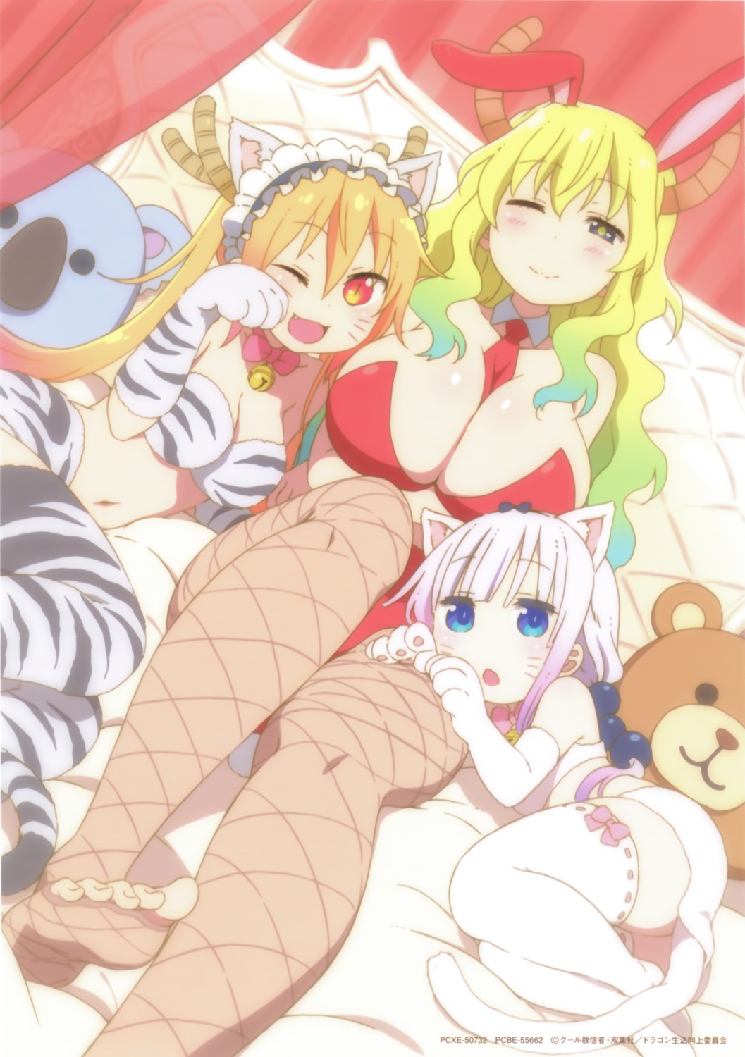 animal_ears bunny_ears bunny_girl cleavage feet fishnets horns kanna_kamui kobayashi-san_chi_no_maid_dragon maid nekomimi pantyhose quetzalcoatl_(kobayashi-san_chi_no_maid_dragon) tail thighhighs tooru_(kobayashi-san_chi_no_maid_dragon)