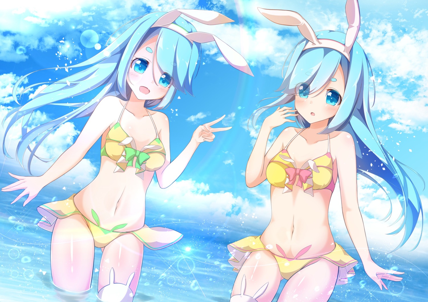 animal_ears bikini bunny_ears ex_takehito near_(sound_voltex) noah_(sound_voltex) sound_voltex swimsuits thighhighs wet