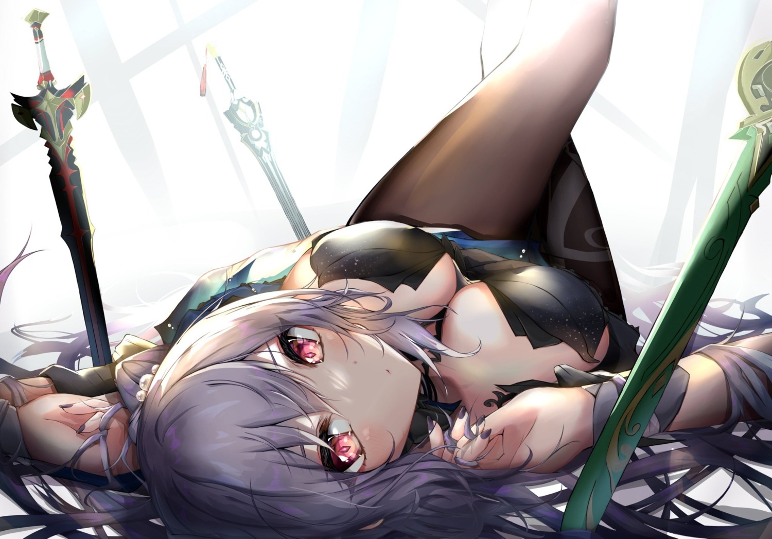 genshin_impact keqing no_bra pantyhose rudo_(rudorudo0917) sword