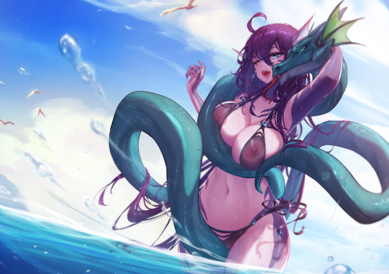 bikini mitsu_(mitsu_art) monster nipples see_through swimsuits wet