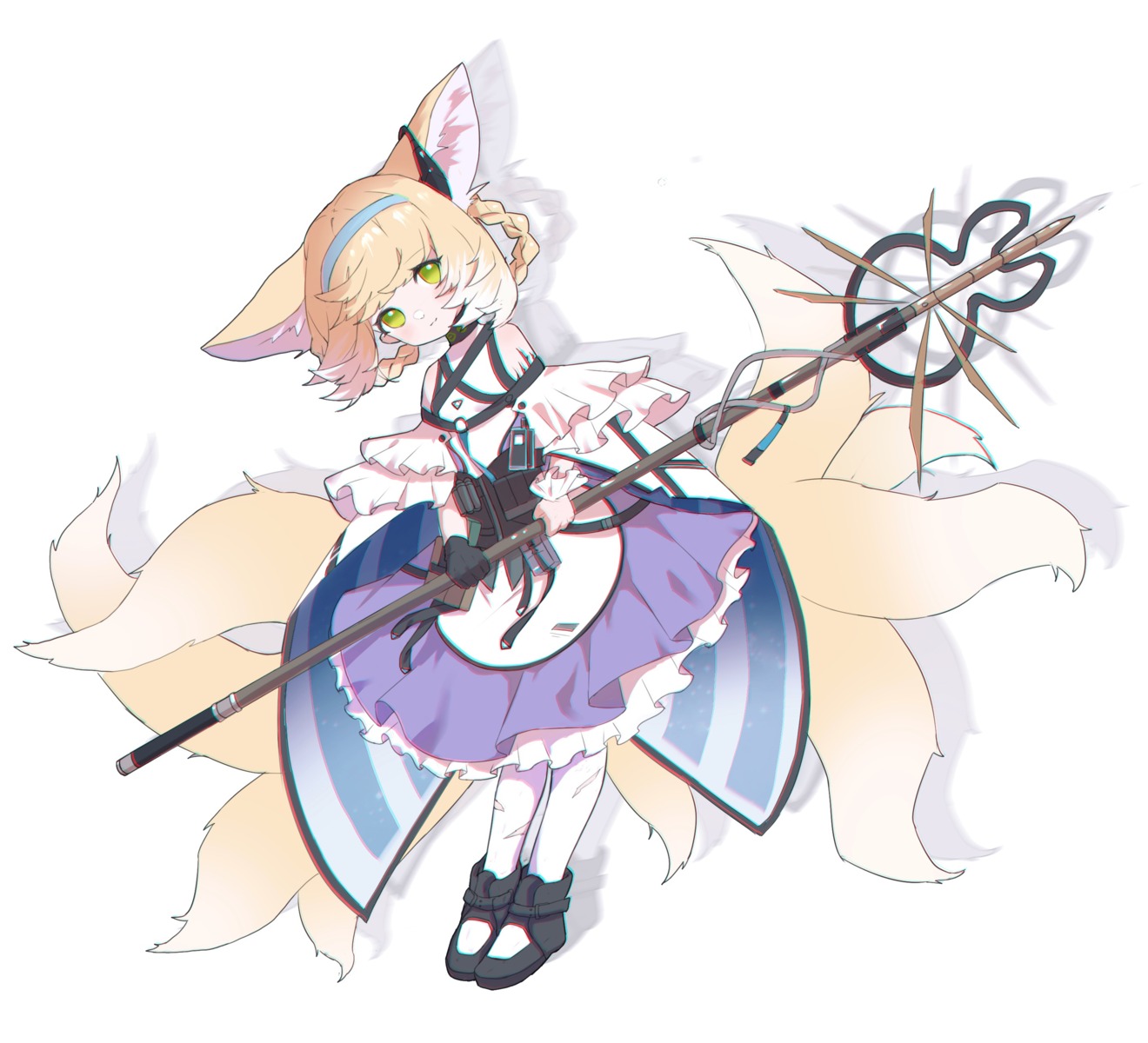animal_ears arknights dress kitsune pantyhose suzuran_(arknights) tagme tail torn_clothes weapon
