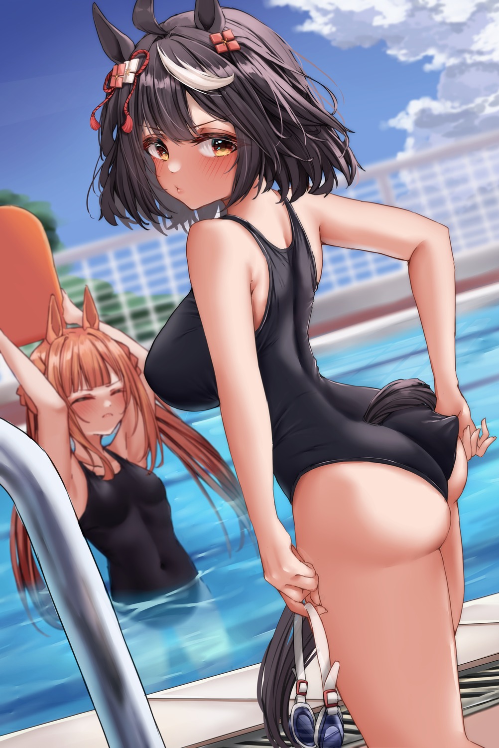 animal_ears ass kitasan_black_(umamusume) sweep_tosho_(umamusume) swimsuits tabunshake tail uma_musume_pretty_derby wet