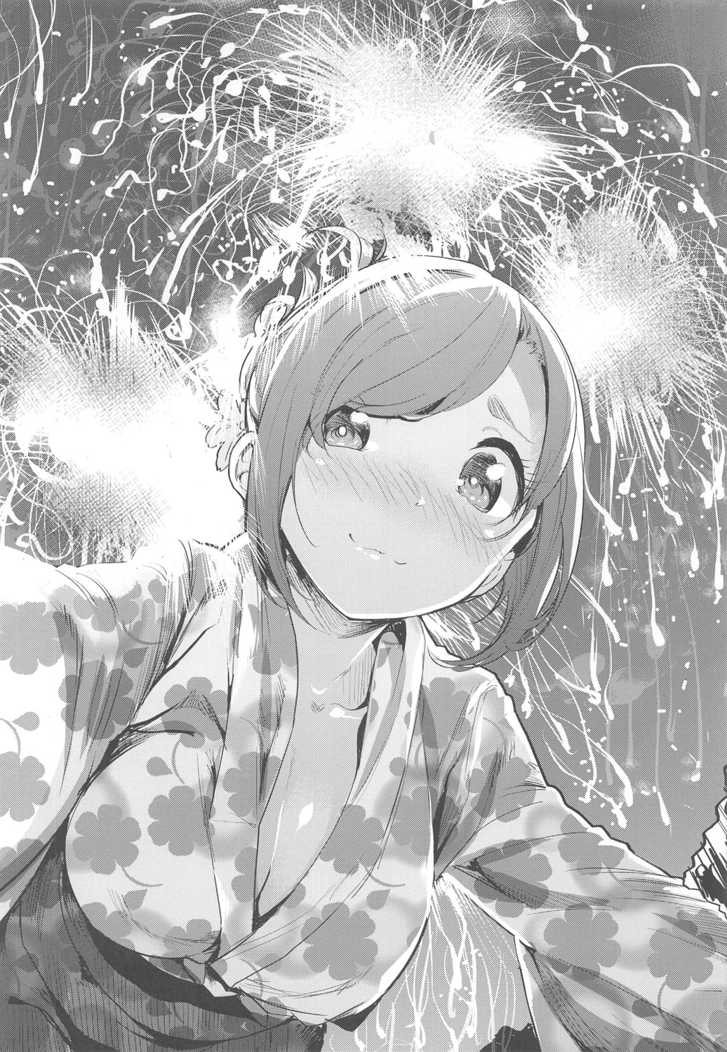 akagi_asahito cleavage monochrome open_shirt yukata