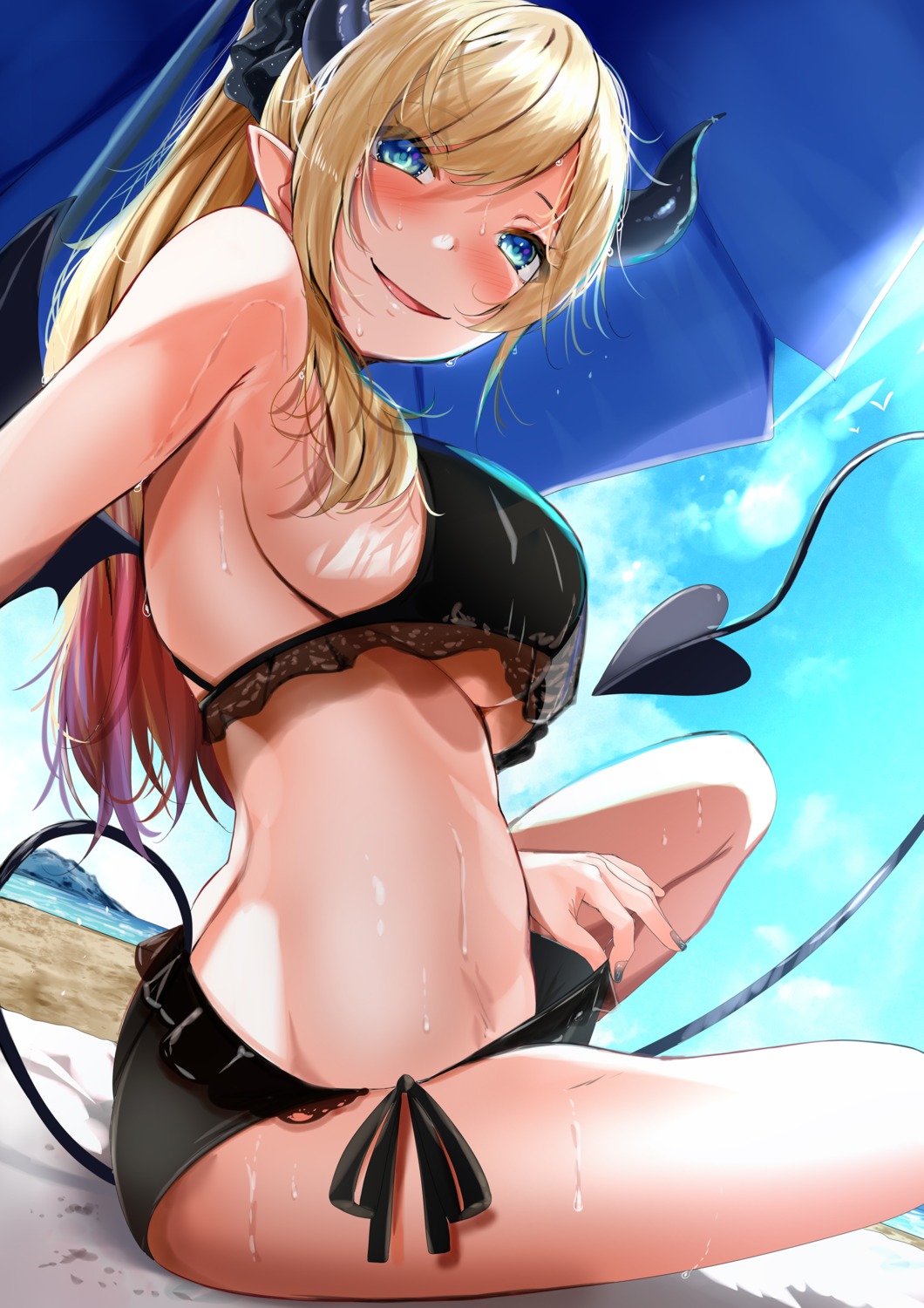 bikini fumihiko hololive horns pointy_ears swimsuits tail wet wings yuzuki_choco