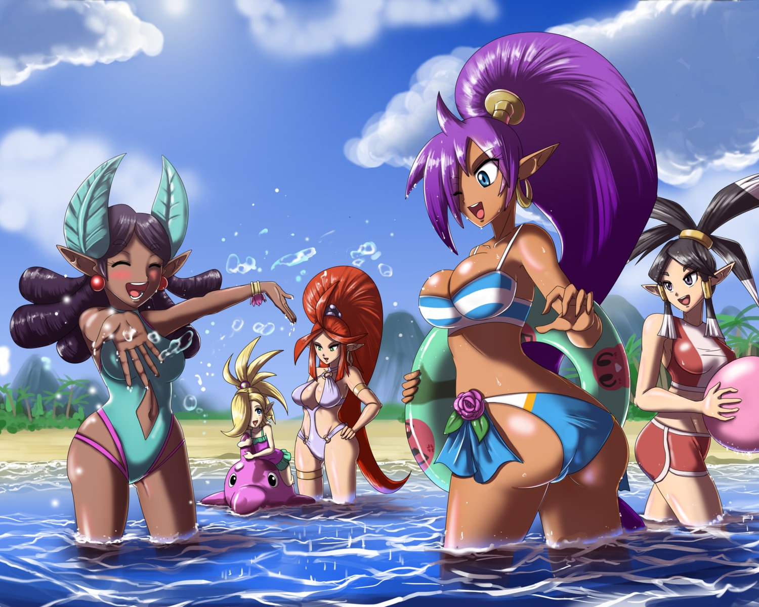 ass bikini harmony_(shantae) plink_(shantae) pointy_ears ruru_(pixiv23188158) shantae shantae_(character) swimsuits vera_(shantae) wet zapple_(shantae)