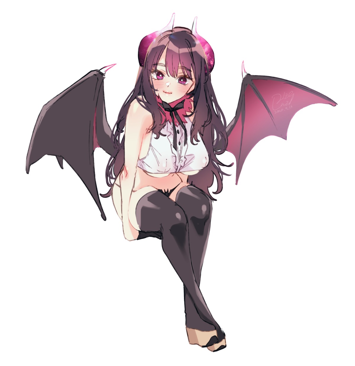 horns karasuma_yayoi no_bra pantsu thighhighs underboob wings