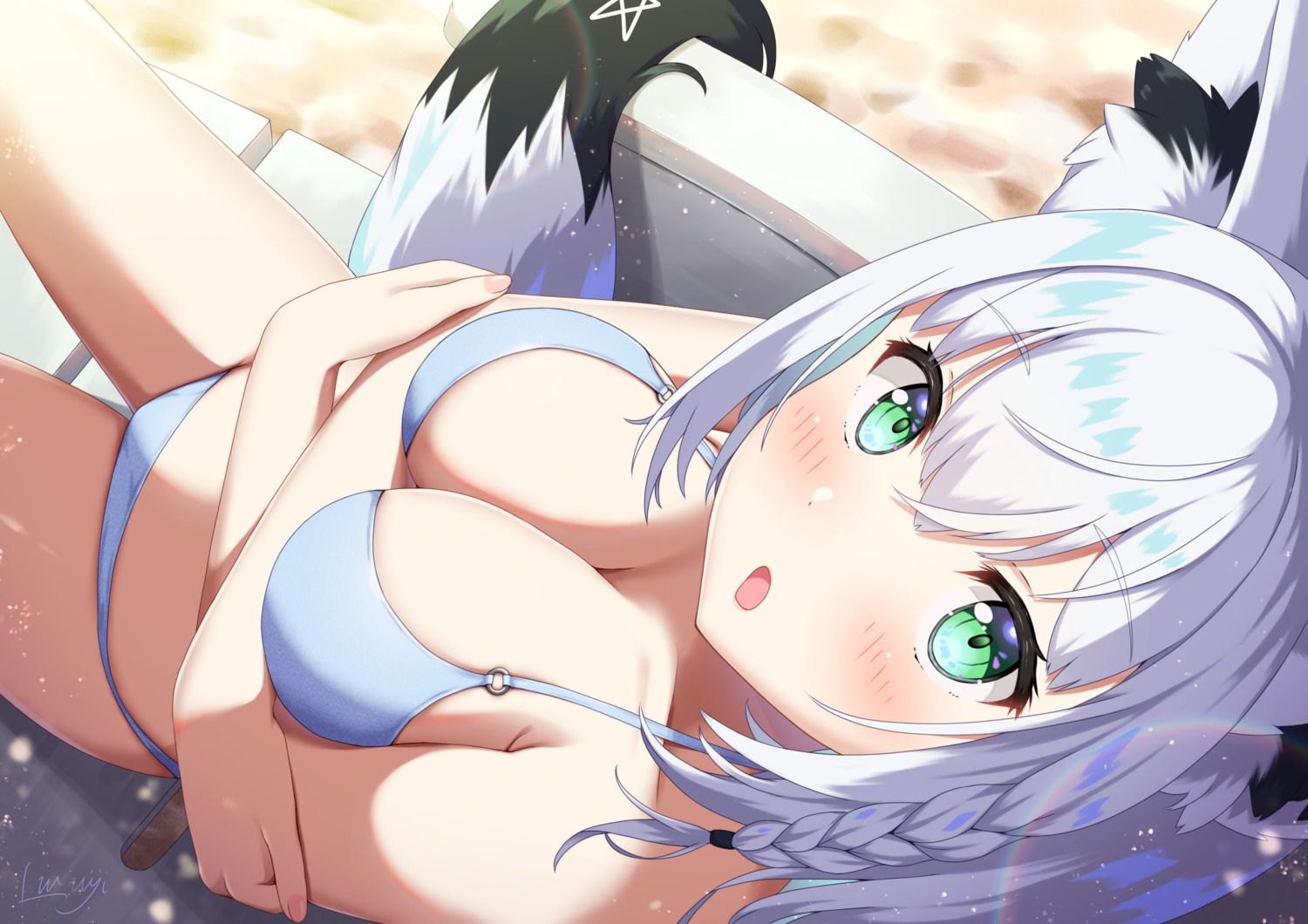 animal_ears bikini breast_hold hololive hololive_gamers kitsune luvniji shirakami_fubuki swimsuits tail