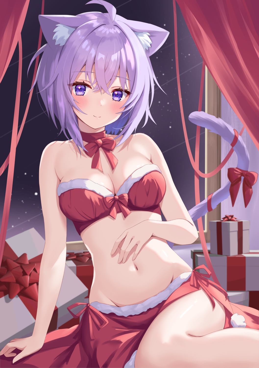 animal_ears christmas hololive hololive_gamers nekomata_okayu nekomimi no_bra tail togemaru