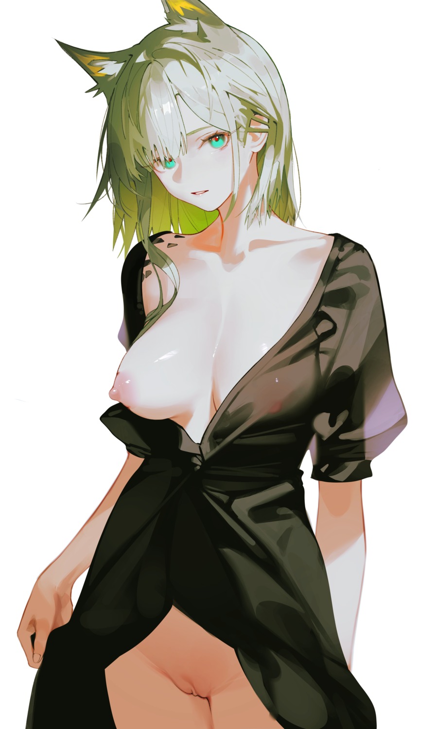 animal_ears arknights breasts iumu kal'tsit_(arknights) nipples no_bra nopan open_shirt pussy see_through uncensored