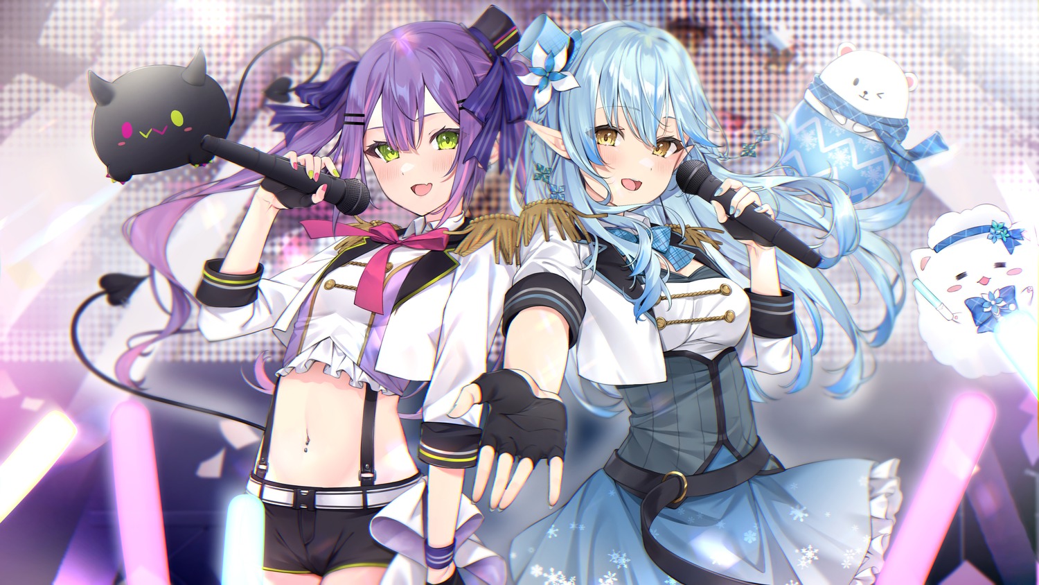 elf hololive horns izumi_kei pointy_ears tail tokoyami_towa uniform wings yukihana_lamy