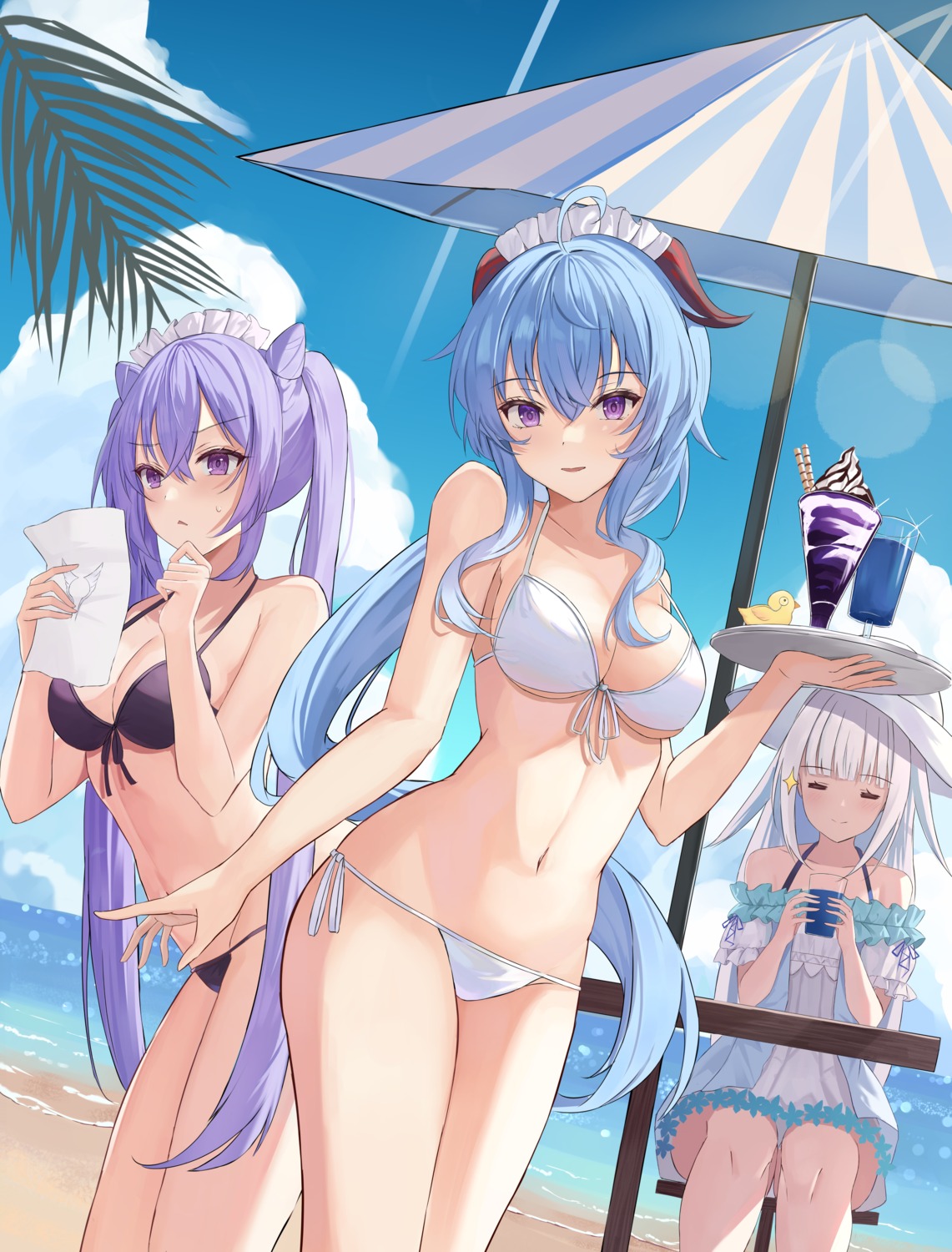 bikini crossover ganyu genshin_impact horns i_ruru keqing lize_helesta nijisanji swimsuits thong