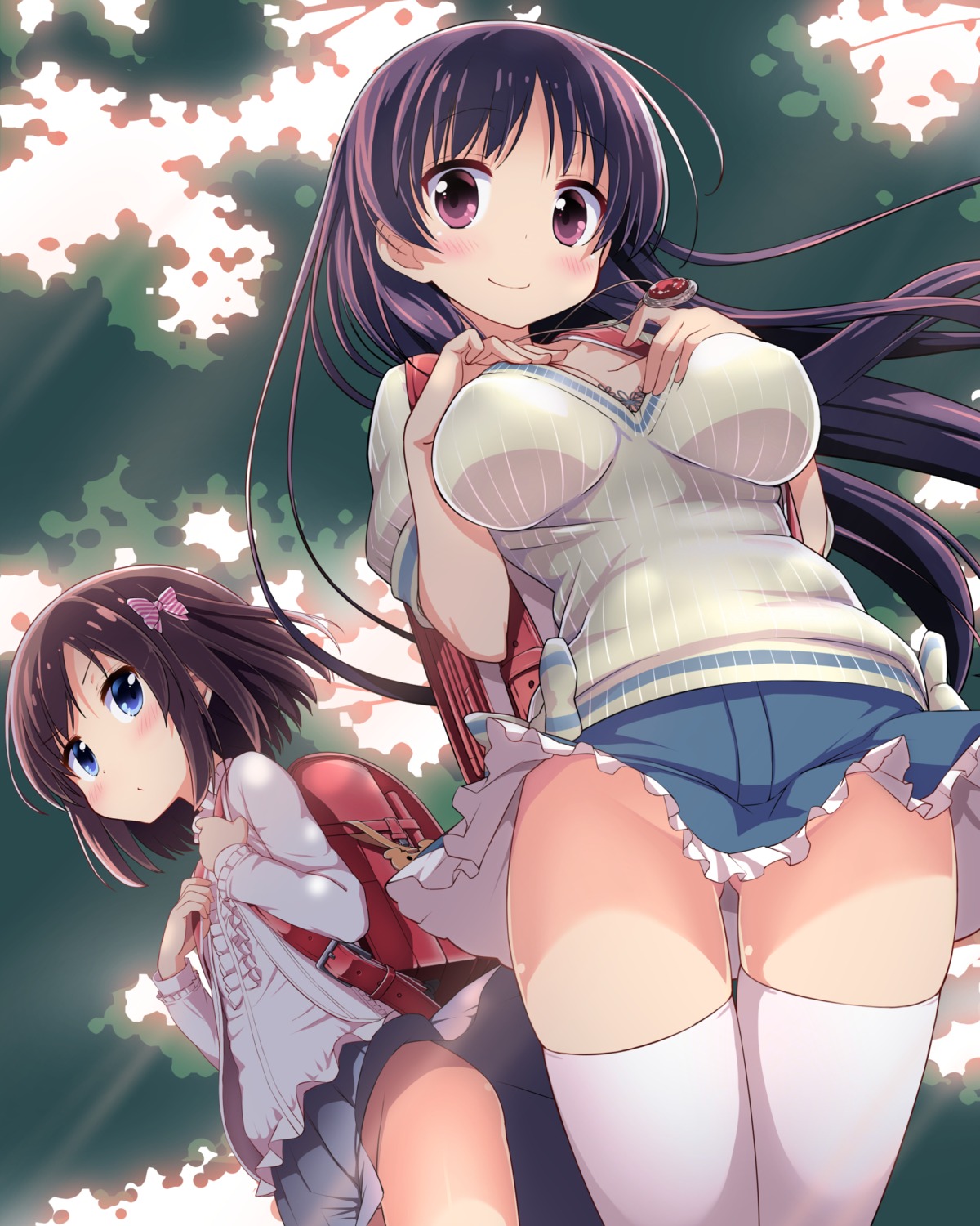 ba_kuro breast_hold nopan onjouji_toki saki shimizudani_ryuuka skirt_lift thighhighs toki_(saki)