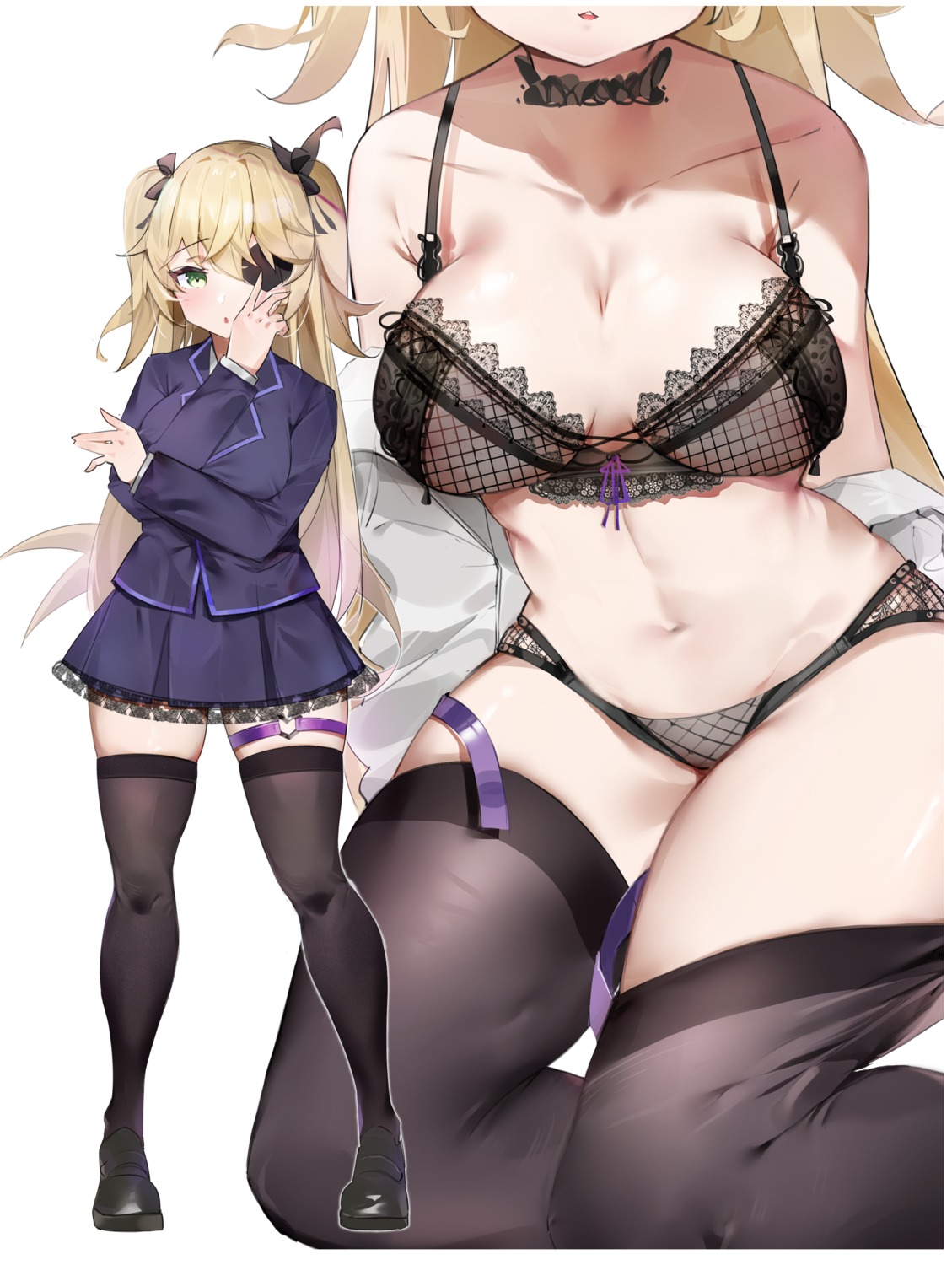 bra eyepatch fischl fishnets garter genshin_impact lingerie pantsu sanmery seifuku thighhighs