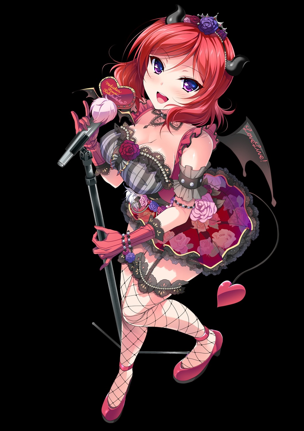 devil fishnets heels horns lolita_fashion love_live! ninoko nishikino_maki no_bra stockings tail thighhighs wings