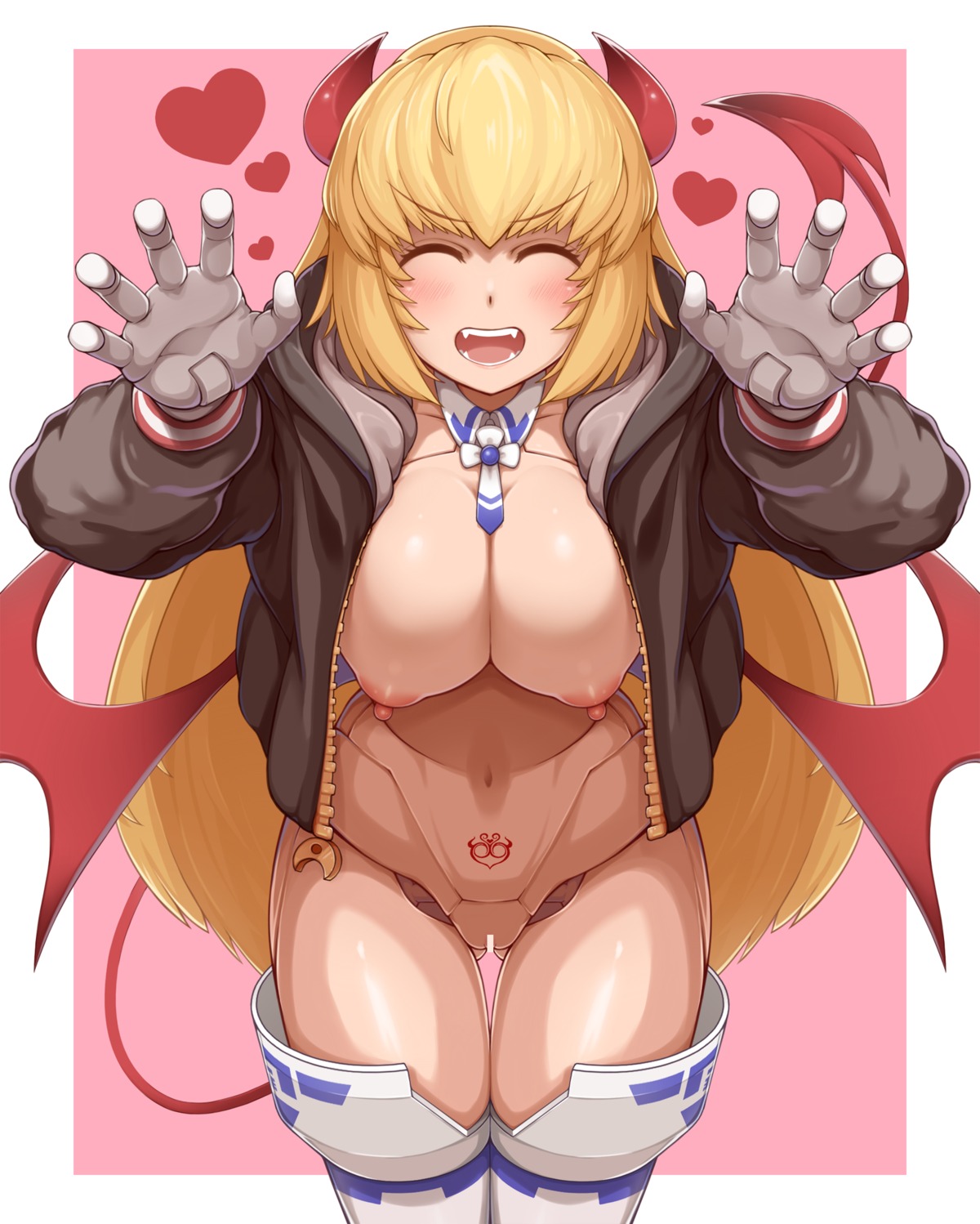 bottomless breasts censored horns mecha_musume nipples no_bra open_shirt pussy tagme tail thighhighs wings