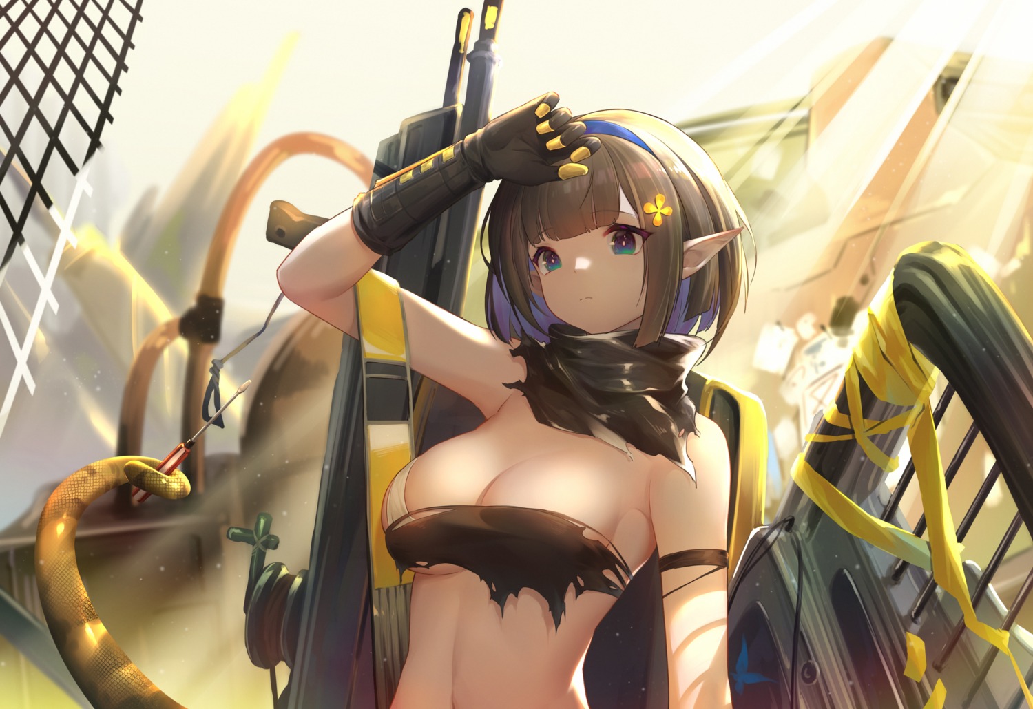 arknights eunectes_(arknights) gun jiusan_naitan no_bra pointy_ears tail torn_clothes