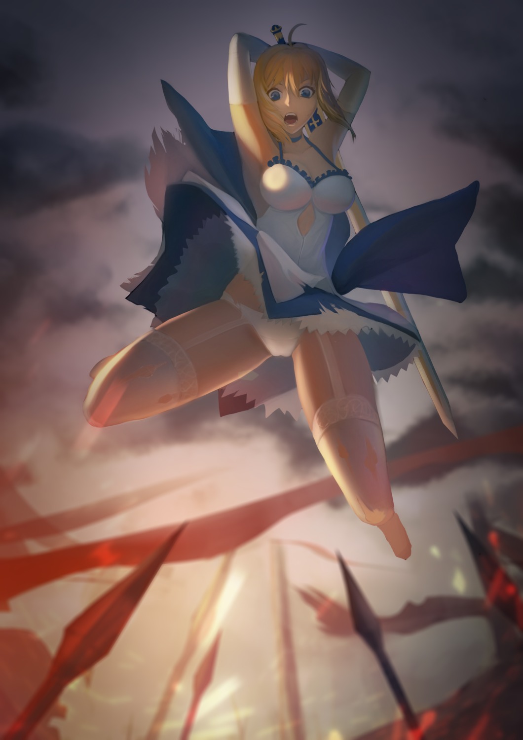 baliu cameltoe cleavage dress fate/stay_night fate/stay_night_unlimited_blade_works no_bra pantsu saber skirt_lift stockings sword thighhighs torn_clothes weapon