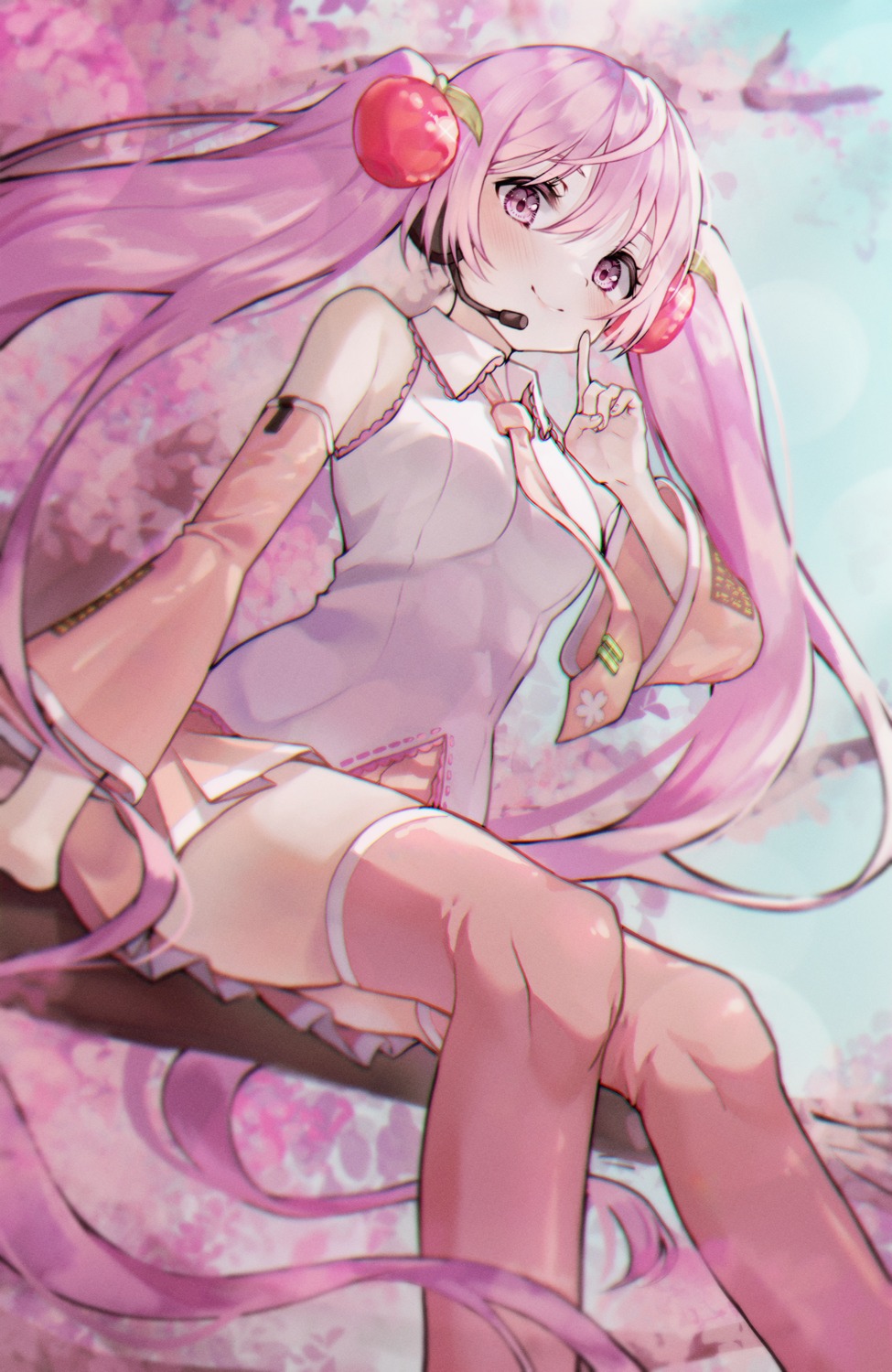 han_seol hatsune_miku headphones sakura_miku thighhighs vocaloid