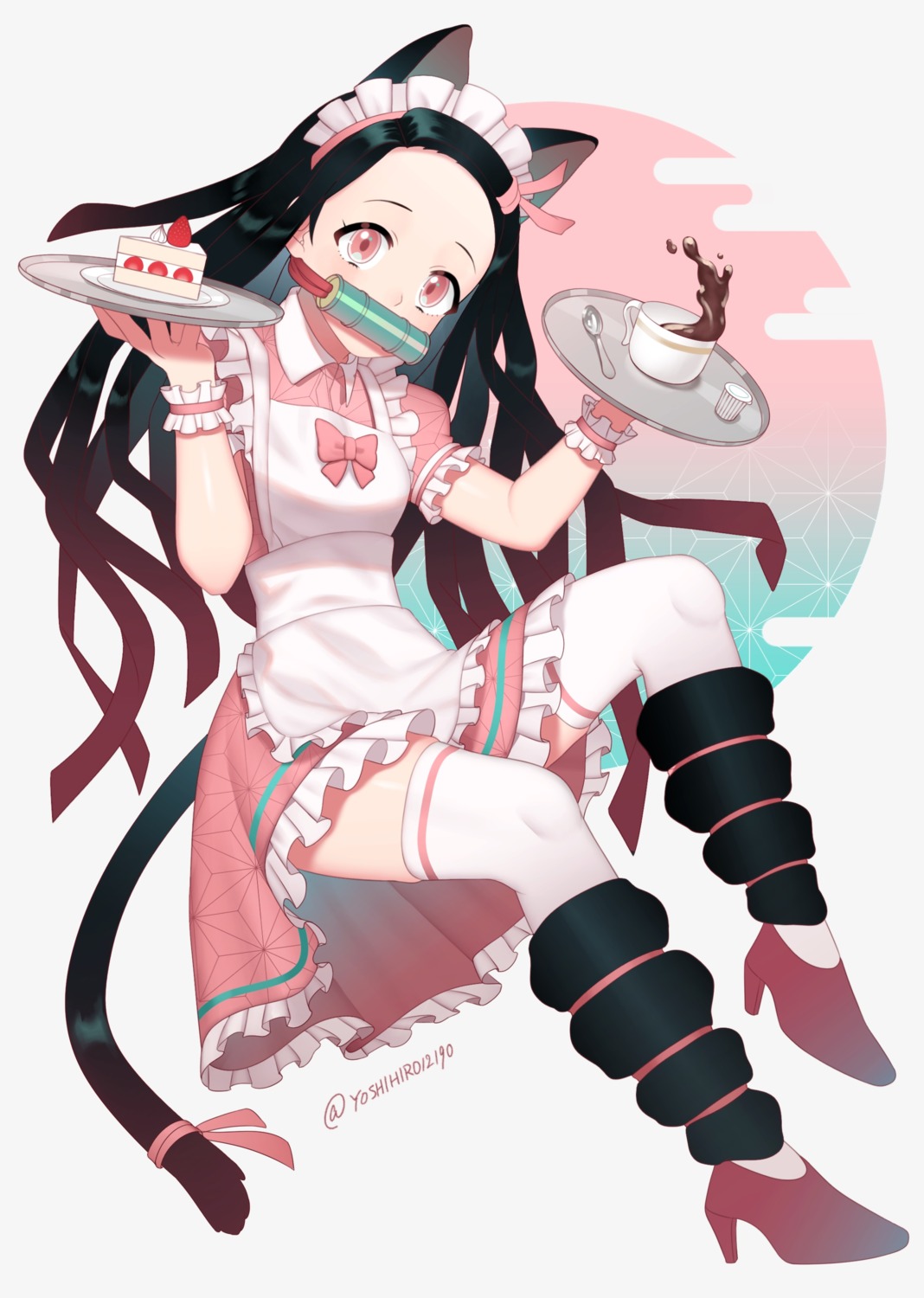 animal_ears heels kamado_nezuko kimetsu_no_yaiba maid nekomimi tail thighhighs yoshihiro_(yoshihiro12190)