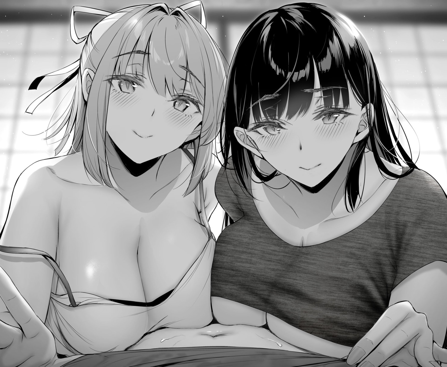 cleavage gentsuki monochrome no_bra see_through shirt_lift