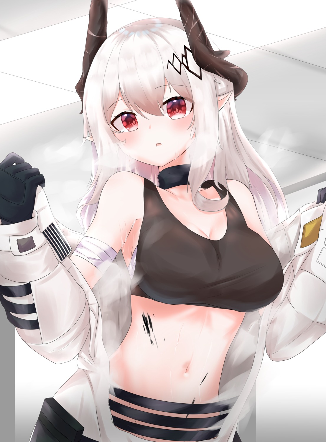 arknights bandages cleavage horns min1910 mudrock_(arknights) open_shirt pointy_ears sarashi undressing