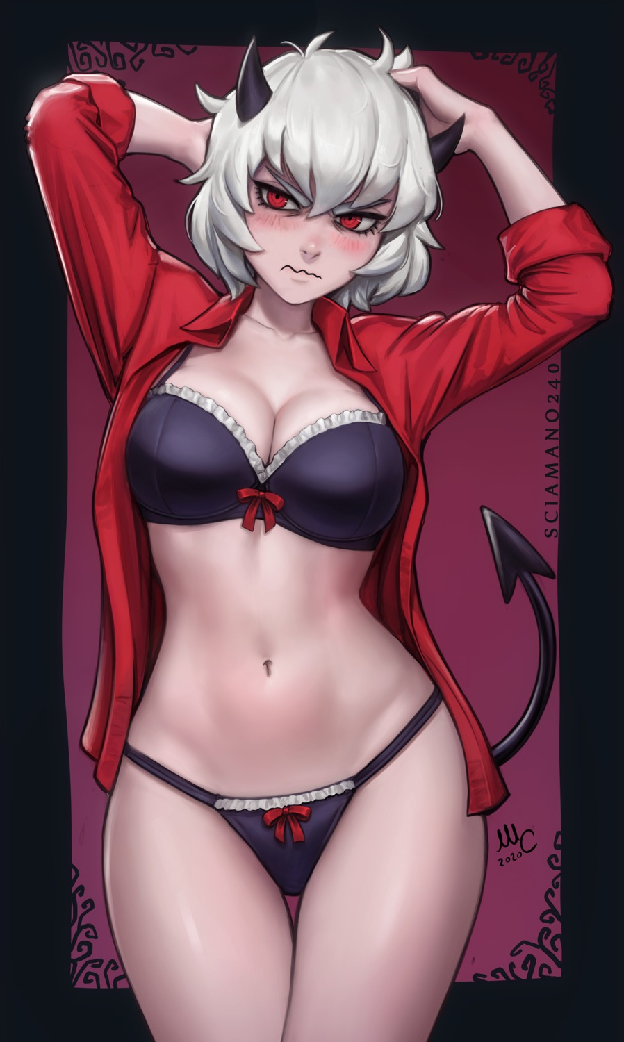 bra cleavage devil dress_shirt helltaker horns malina_(helltaker) mirco_cabbia open_shirt pantsu tail