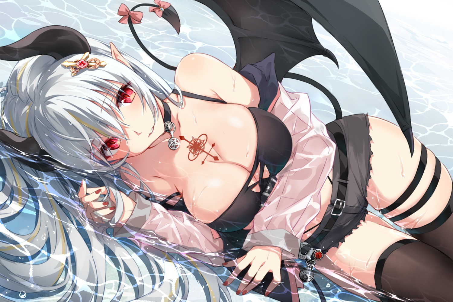 bikini devil_heavens garter horns open_shirt pointy_ears see_through swimsuits tail thighhighs wet wings