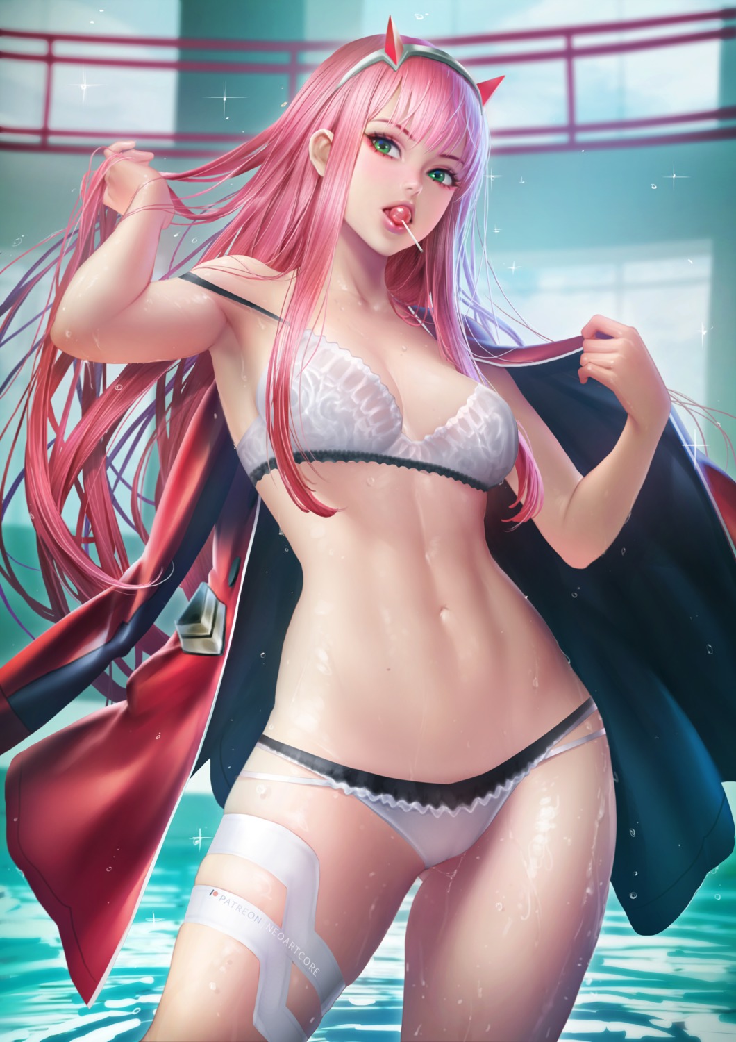 bra cleavage darling_in_the_franxx garter horns nudtawut_thongmai pantsu wet wet_clothes zero_two_(darling_in_the_franxx)