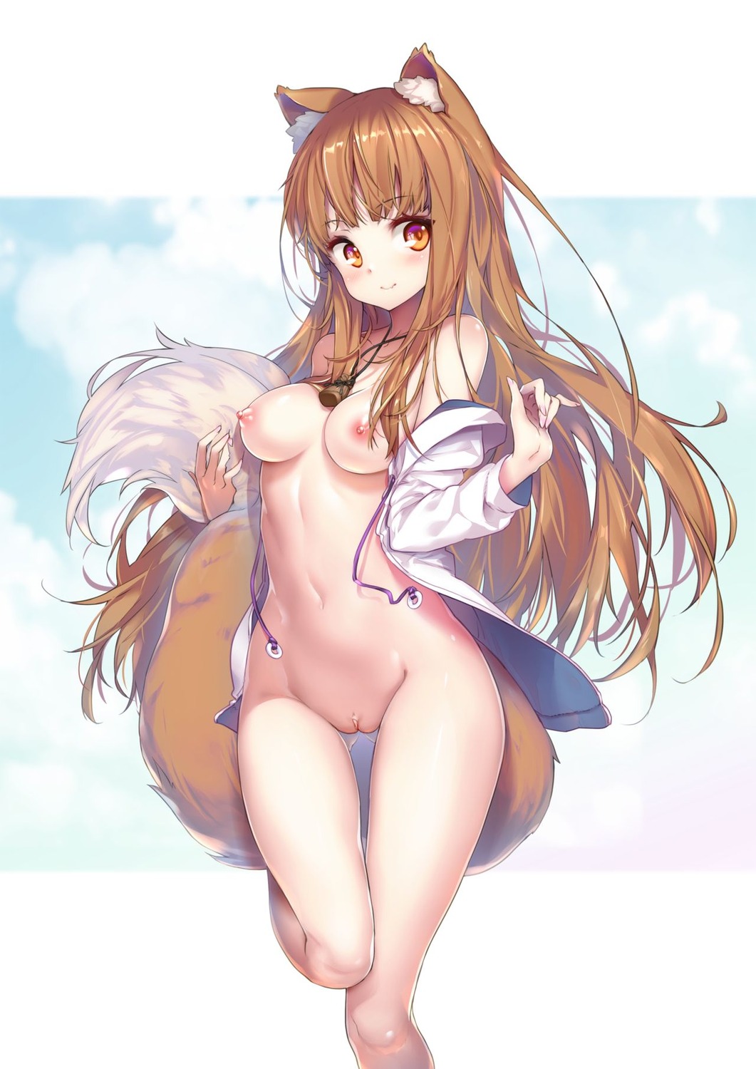 animal_ears bottomless breasts holo hong_(white_spider) naked_cape nekomimi nipples no_bra open_shirt pussy spice_and_wolf tail uncensored