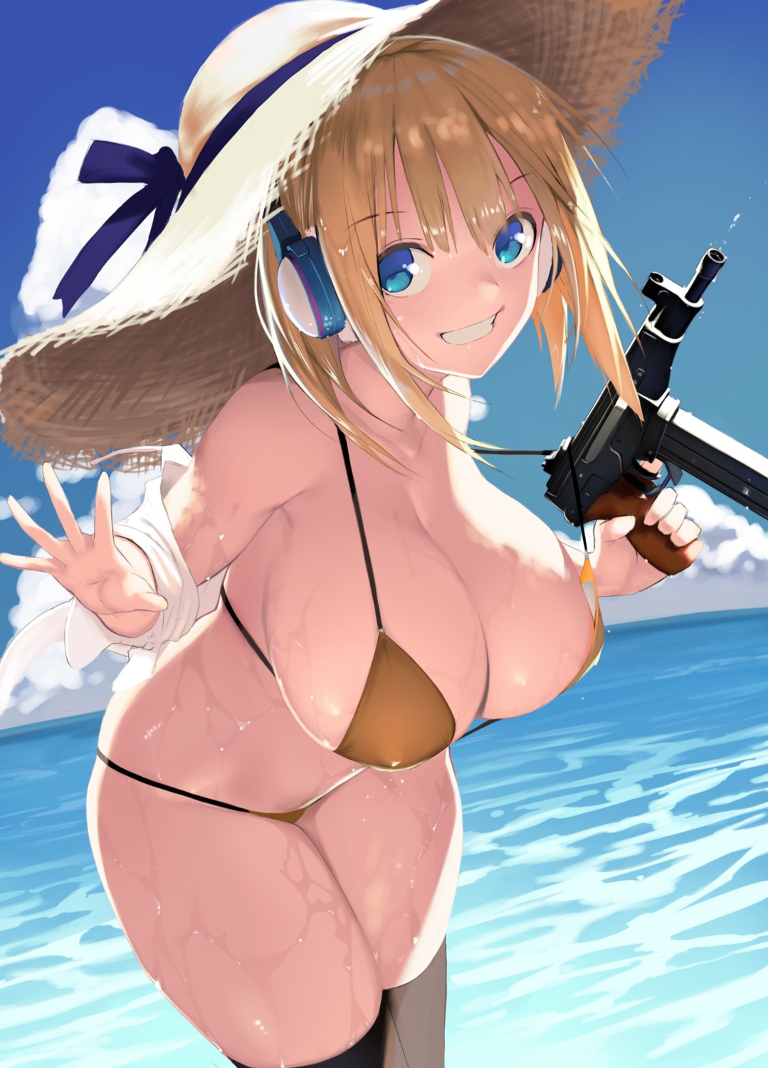 areola bikini erect_nipples gen_(black_factory) gun headphones swimsuits thighhighs wardrobe_malfunction wet