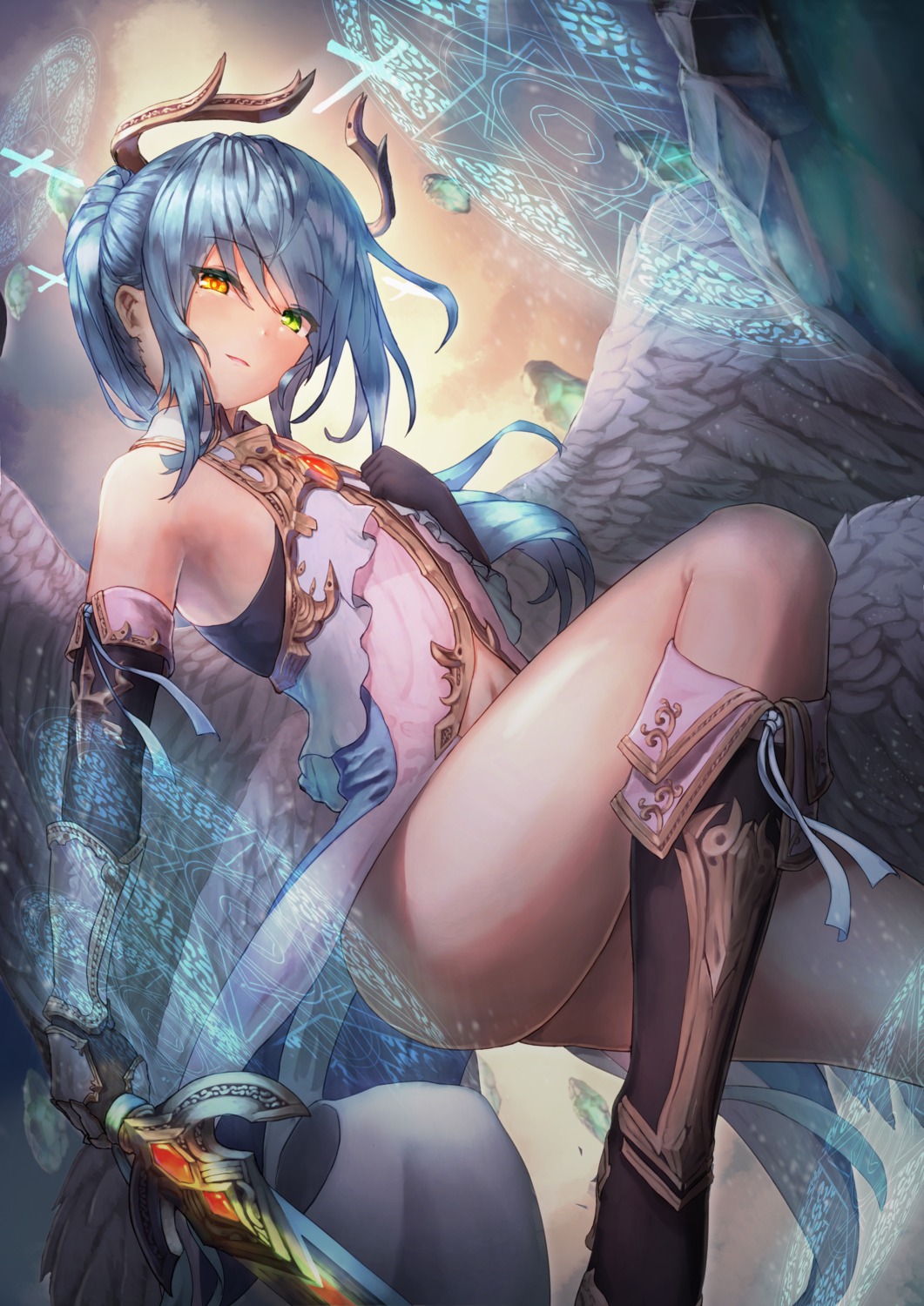 ass breast_hold heels heterochromia horns nopan skirt_lift sword wings yuji