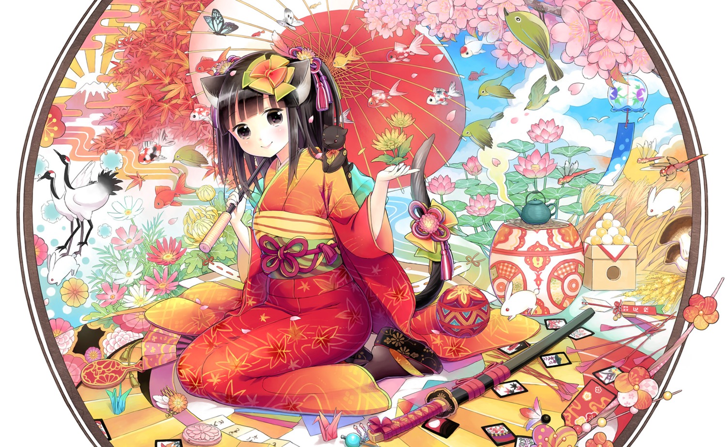 animal_ears kimono kuroinu nekomimi sword tail umbrella