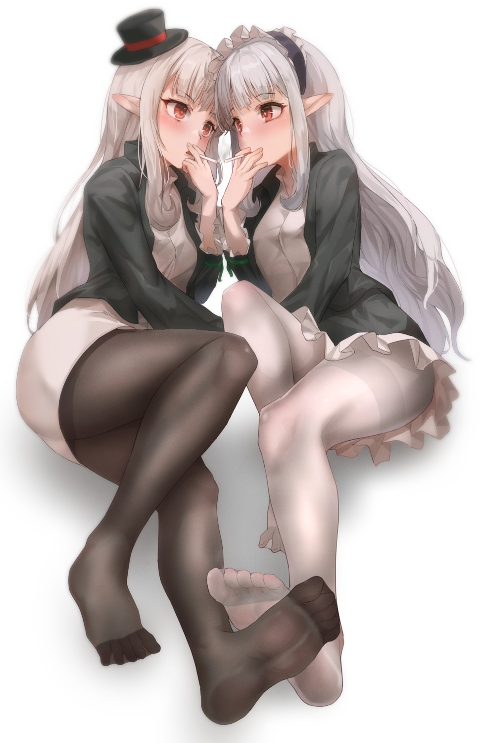 feet pantyhose pharamacom pointy_ears skirt_lift smoking yuri