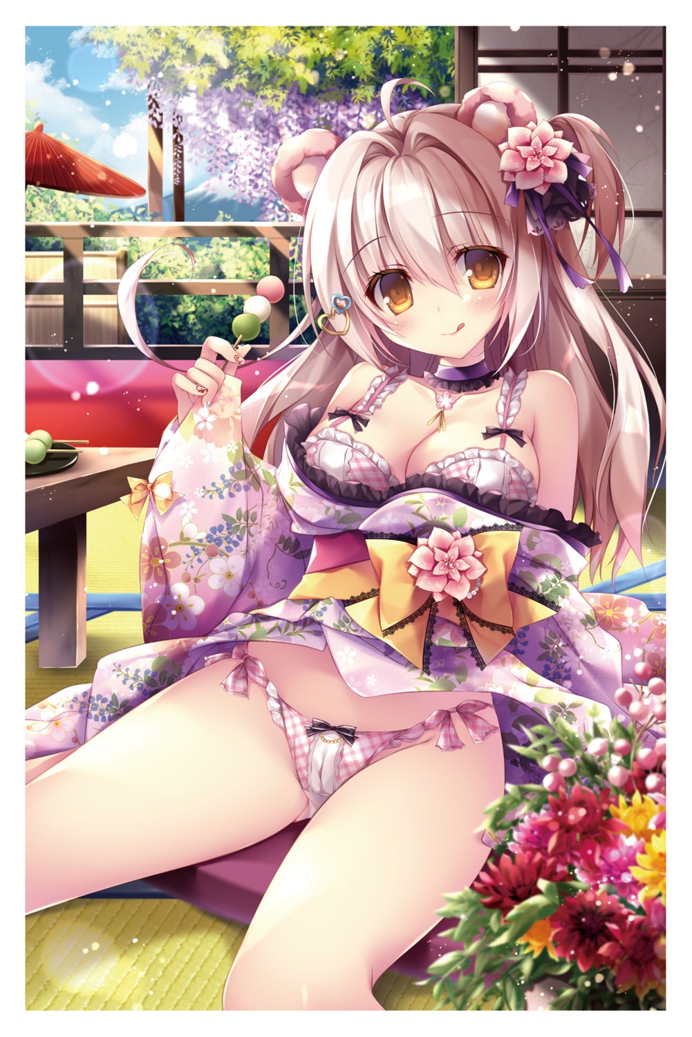 animal_ears bra cameltoe japanese_clothes nanaroba_hana open_shirt pantsu skirt_lift string_panties