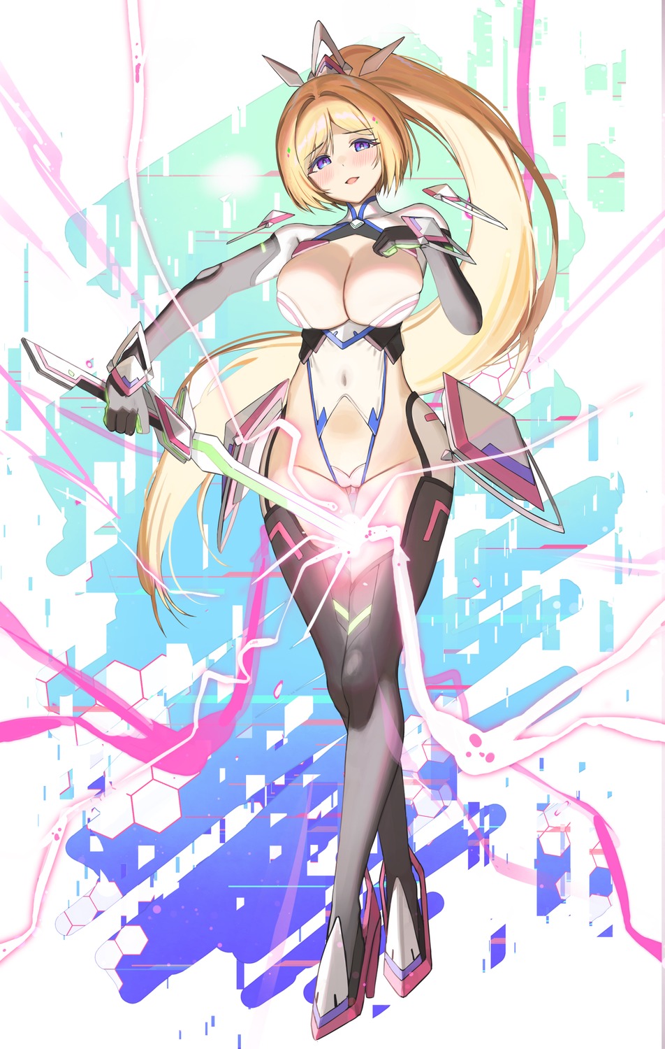 aki_rosenthal electriccross heels hololive leotard no_bra stockings sword thighhighs