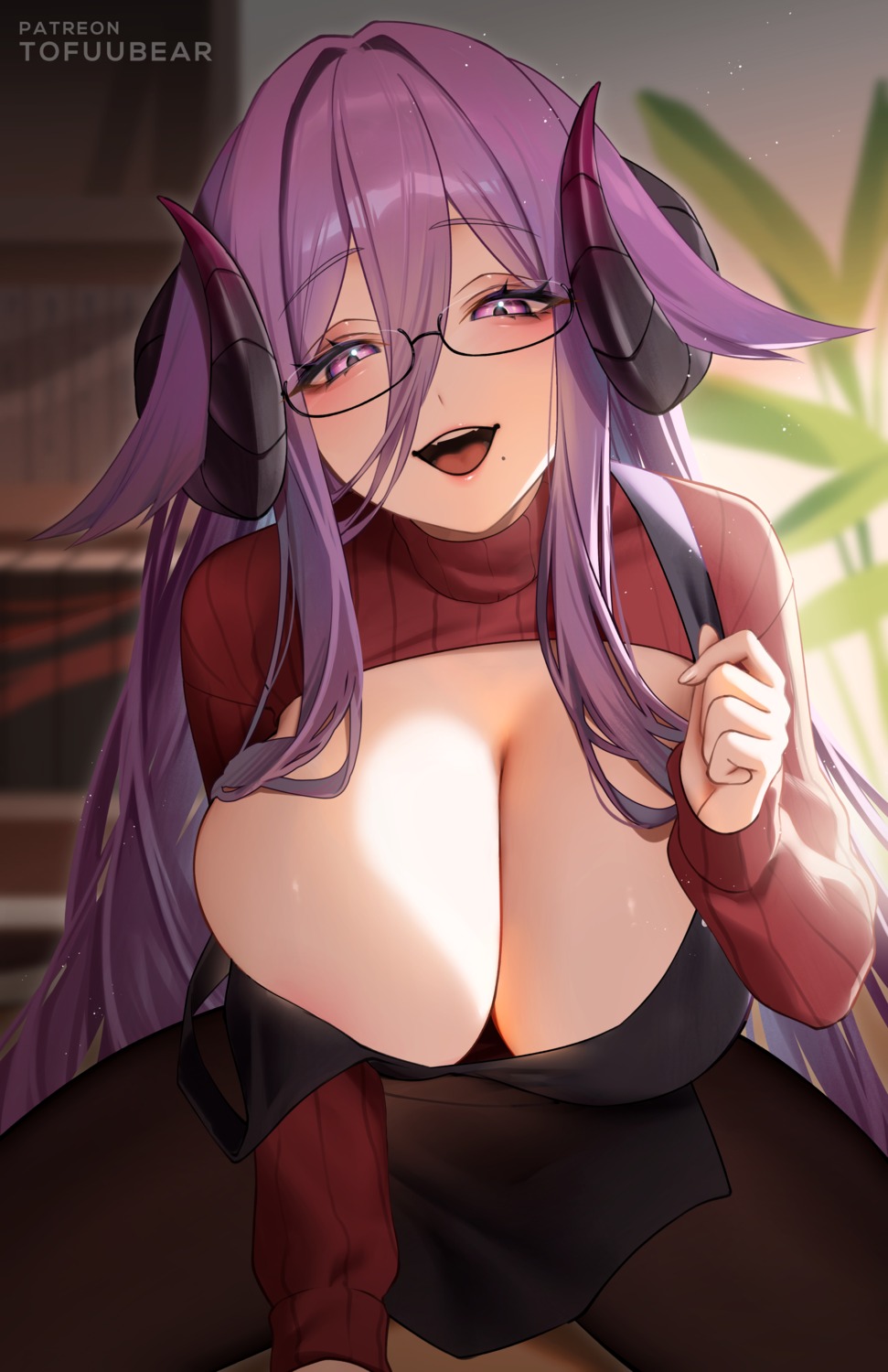 areola azur_lane friedrich_carl_(azur_lane) horns megane no_bra pantyhose sweater tofuubear