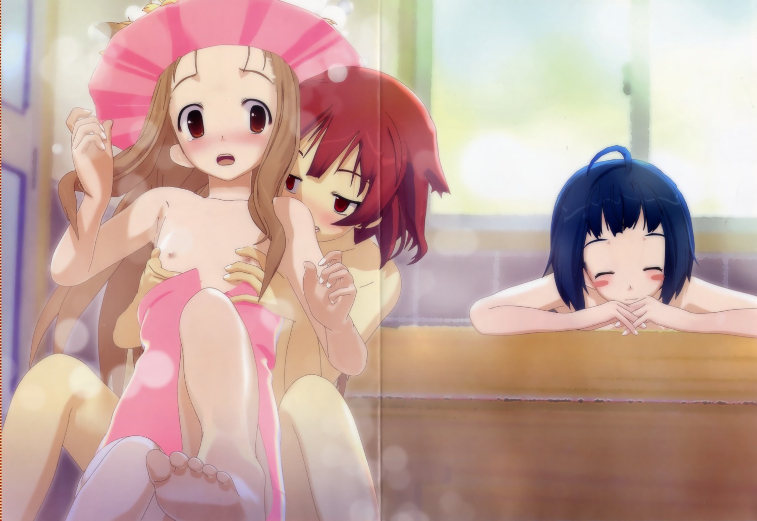 bathing crease hayama_yuu nagase_ayumu naked nipples shinonome_komomo timeleap