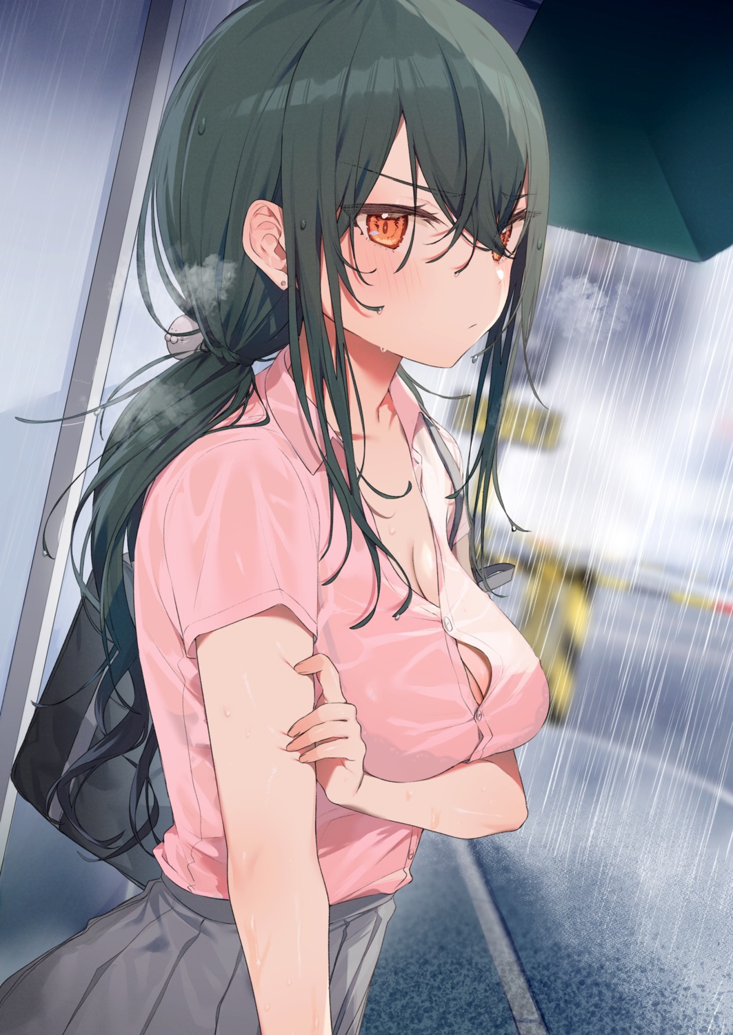 bra breast_hold itohana open_shirt see_through seifuku wet wet_clothes