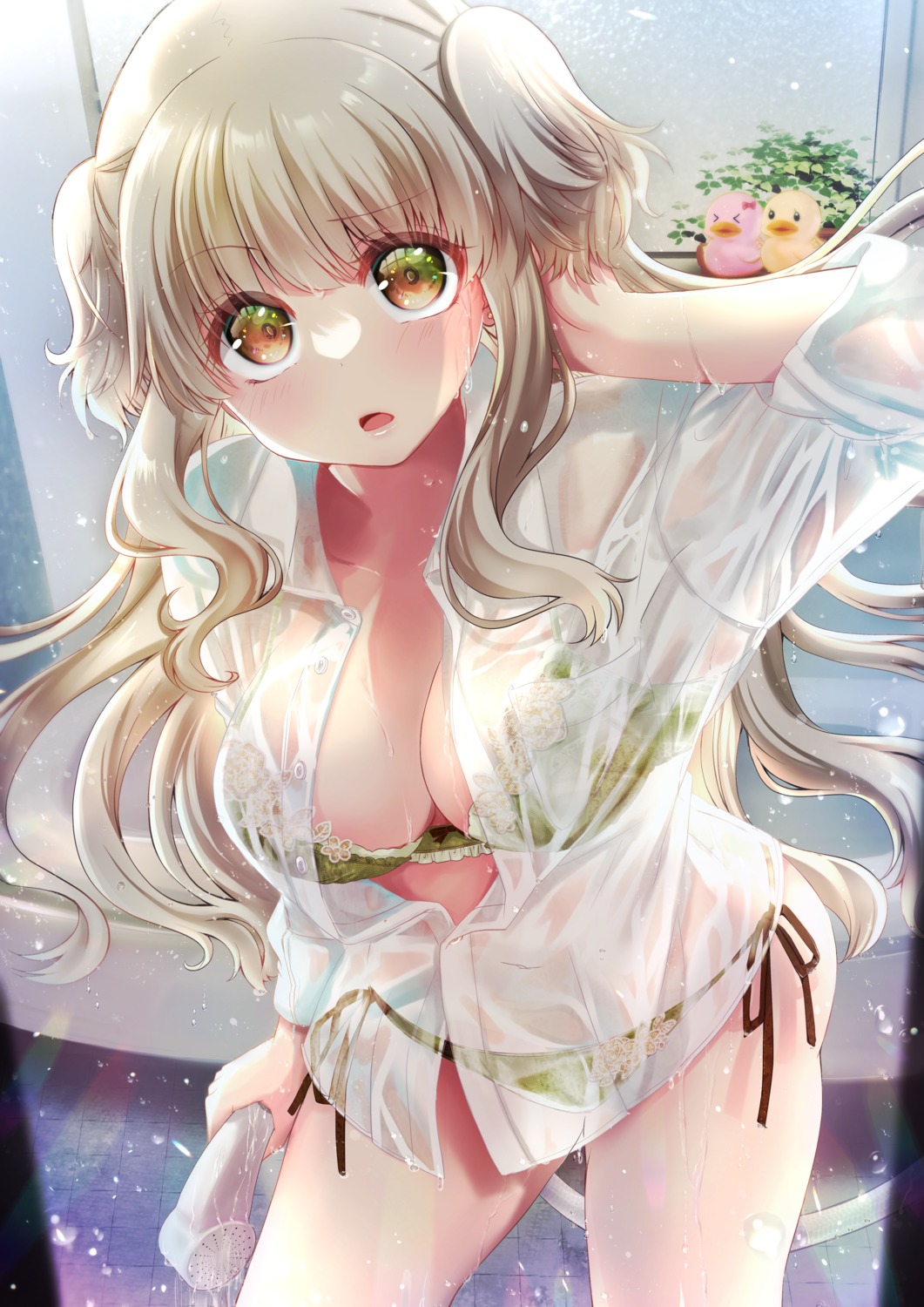 bra dress_shirt open_shirt pantsu see_through shimotsukishin string_panties wet wet_clothes