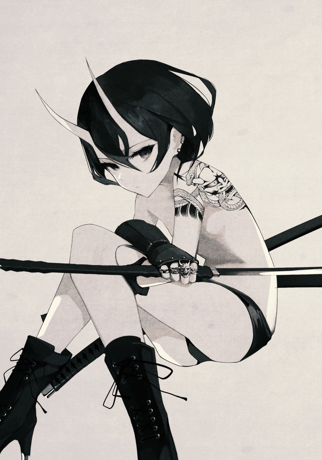 gyup heels horns loli monochrome sword tattoo topless