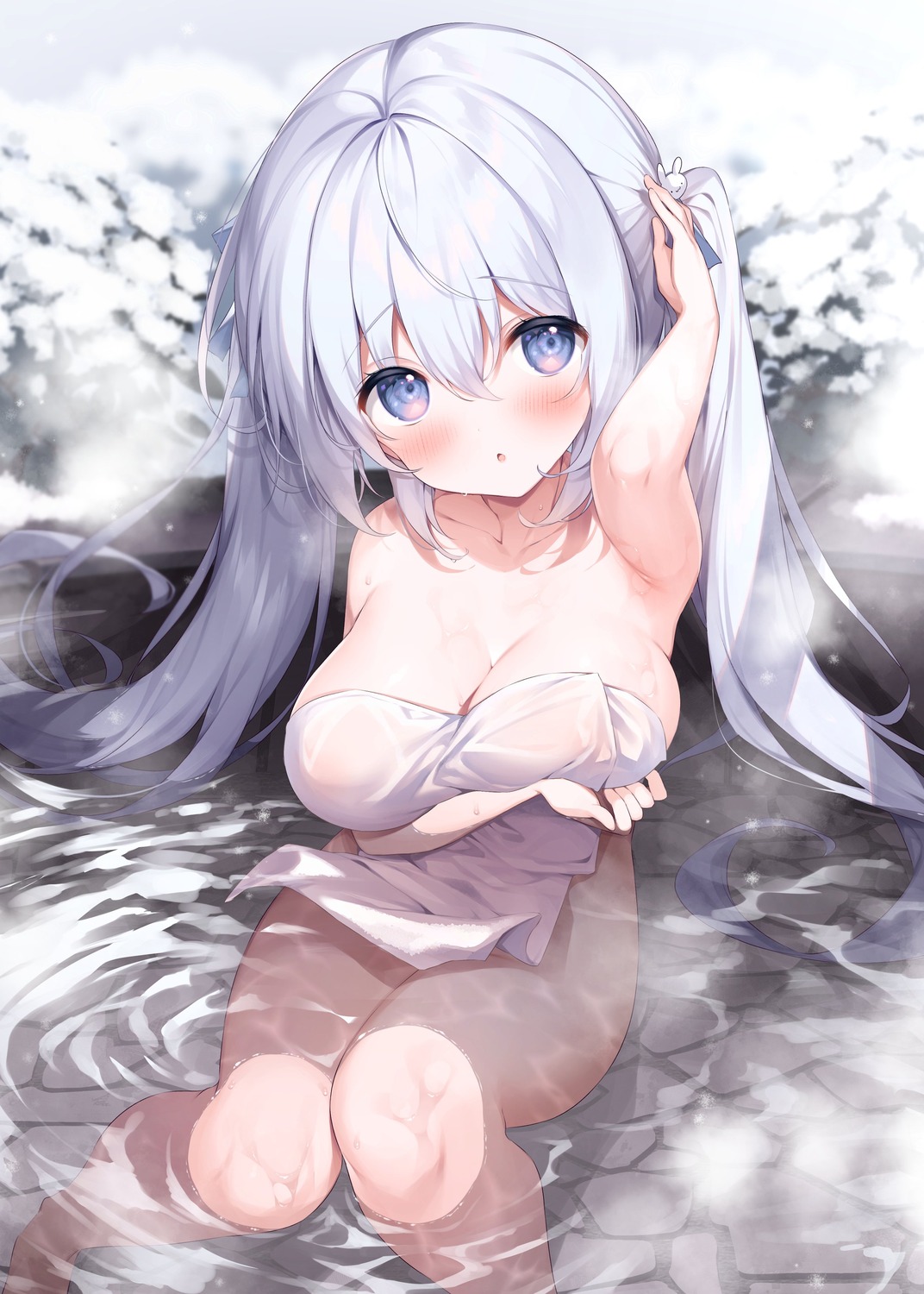 areola breast_hold hisagi_(puchimaple) naked onsen see_through towel wet