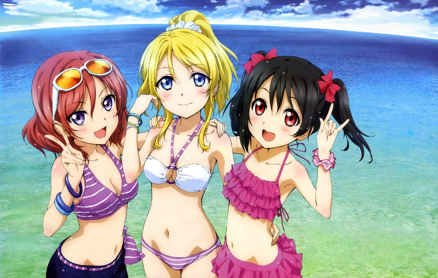 ayase_eli bikini cleavage detexted love_live! megane nishikino_maki saita_hiroyuki swimsuits wet yazawa_nico