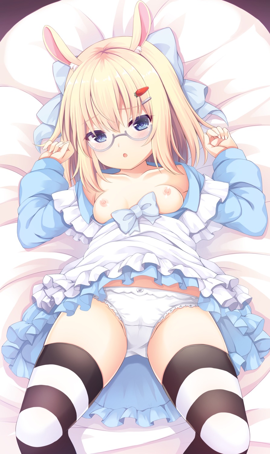 animal_ears breasts bunny_ears cameltoe dress loli megane nipples no_bra open_shirt pantsu sakuraba_hikaru skirt_lift thighhighs