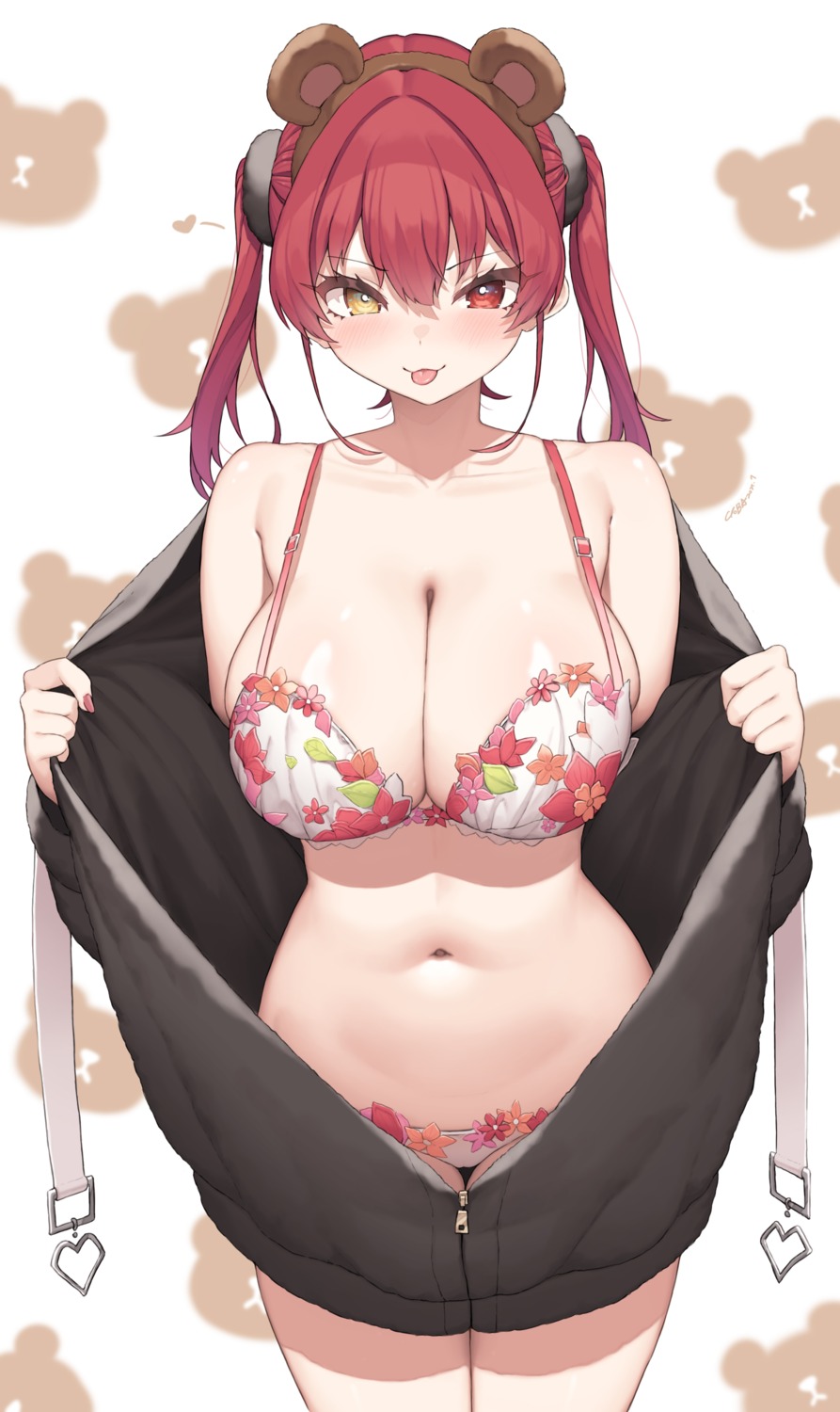 animal_ears bra cloba heterochromia hololive houshou_marine lingerie open_shirt pajama pantsu undressing