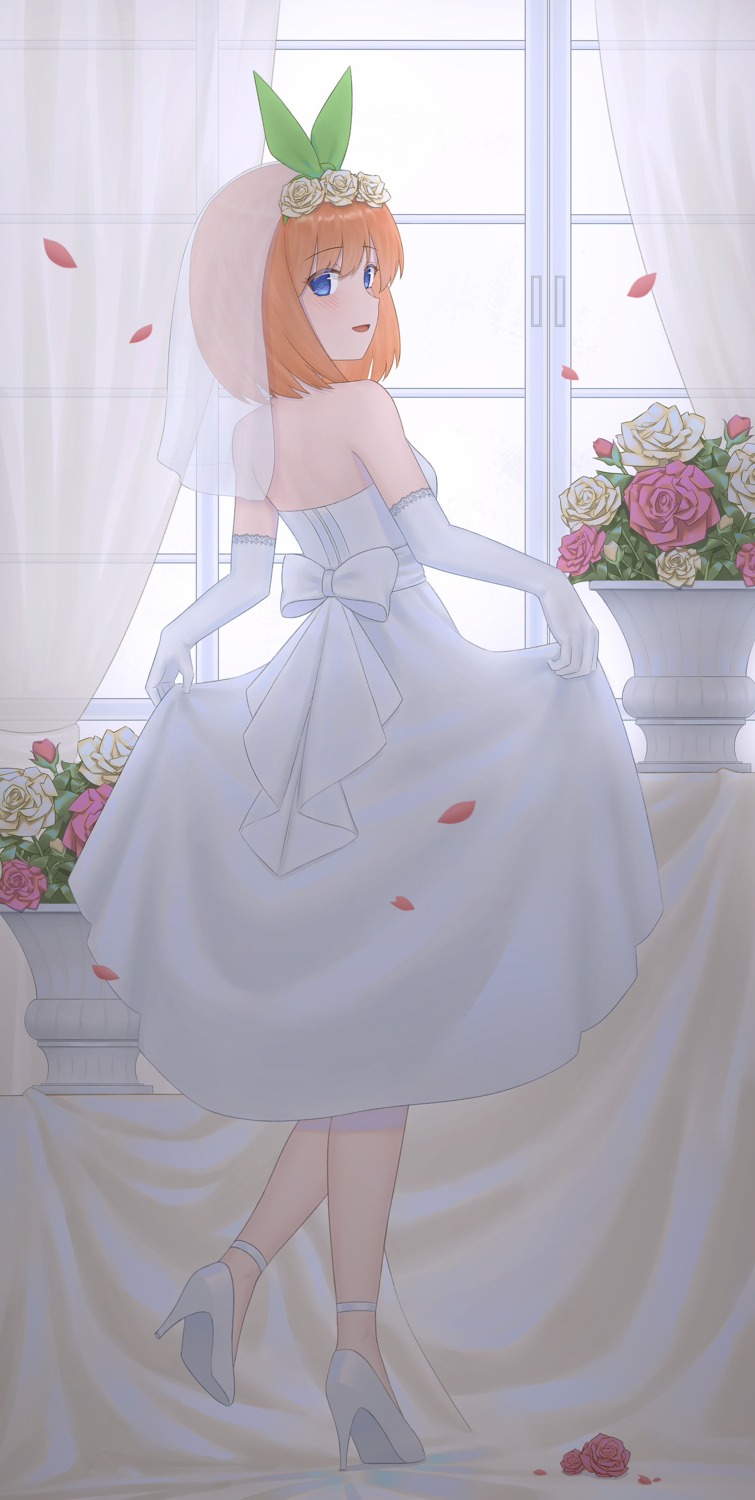 5-toubun_no_hanayome dress heels nakano_yotsuba skirt_lift wedding_dress yihsien